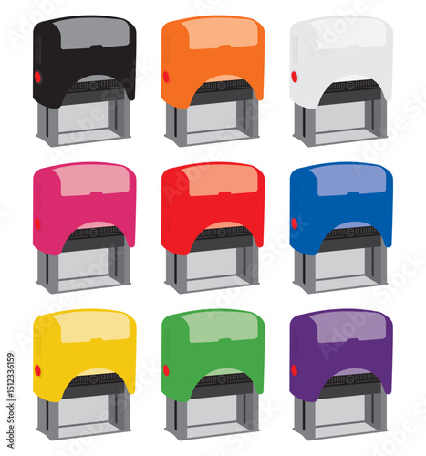 A set of Self-inking rubber stamp, Self-inking stamp, automatic stamp, office Stamps, mockup , square rubber stamp, isolated on white background, color, vector illustration