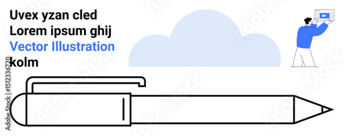 Black-outlined pen, blue cloud, person interacting with a tablet, educational training, branding, e-learning, presentations, graphic materials, business tools documentation simple landing page