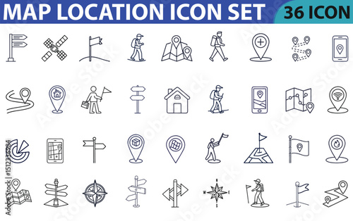 "A set of line-style icons featuring map pins, location markers, push pins, geolocation, routes, flags, GPS, addresses, positions, and more — all in a clean, outlined vector design."