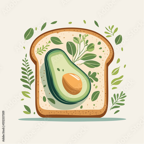 Avocado Toast with Herbs and Leaves Illustration