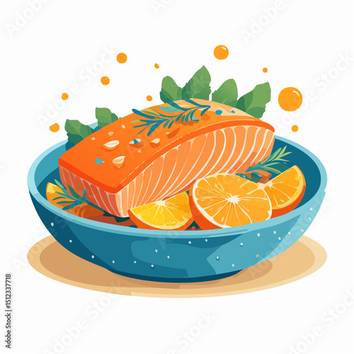Baked Salmon with Orange and Rosemary in a Blue Bowl