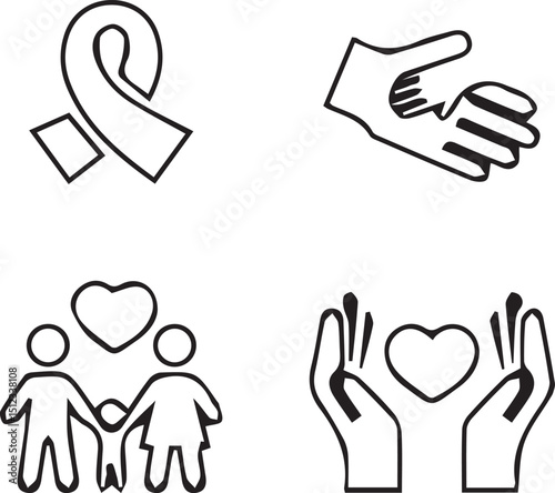 Care and Support Icons: A set of meticulously crafted line art icons representing solidarity, compassion, and community, conveying messages of support, aid, and unity.