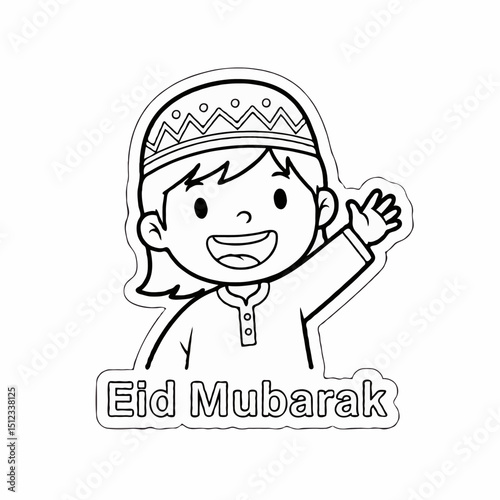 Happy Muslim Boy Waving with Eid Mubarak Text Coloring Page Sticker
