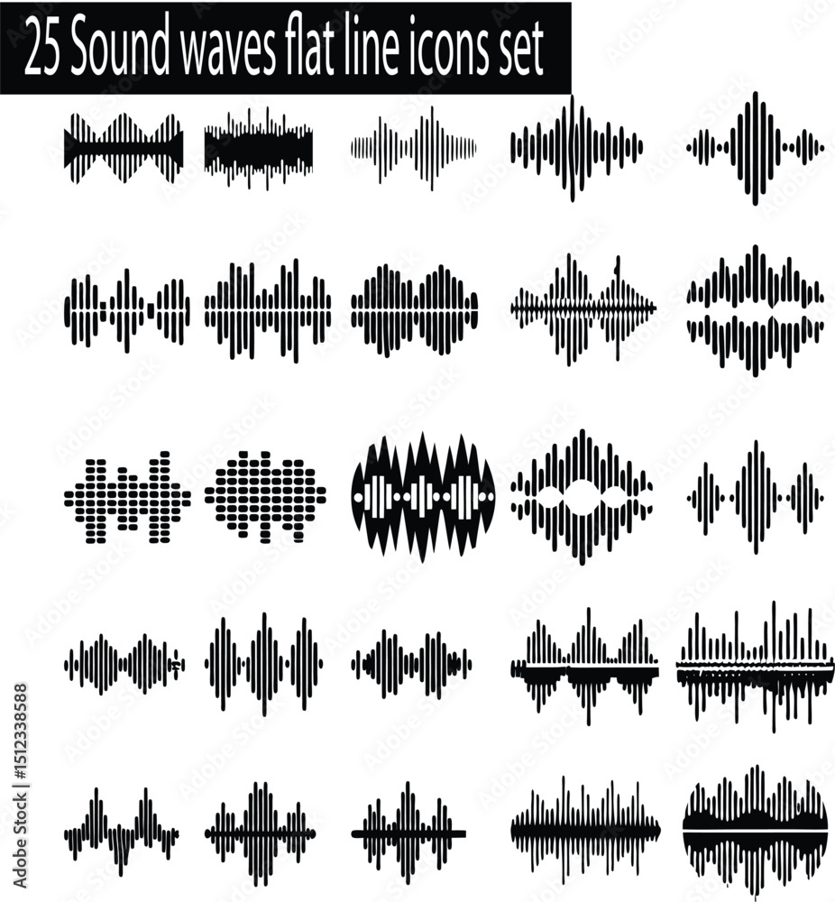 Obraz premium 25 Sound waves flat line icons set.