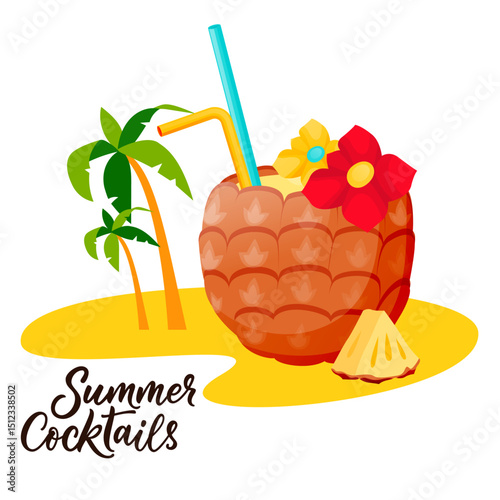 Pineapple cocktail and palms on sand beach. Vector illustration. Summer party banner, drinks menu design elements