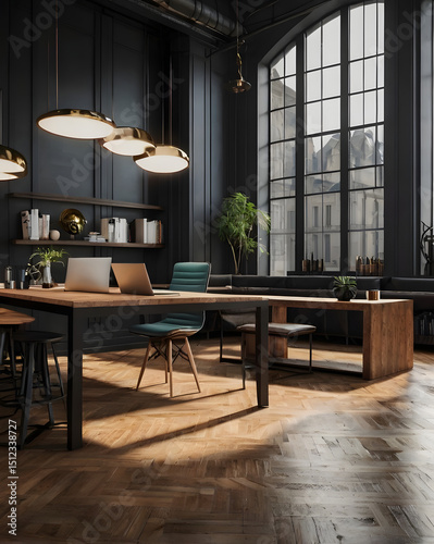 Modern Business Workspace Mockup — Sleek Wooden Desk, Laptop, Papers & Pens with Clean White Background and City View