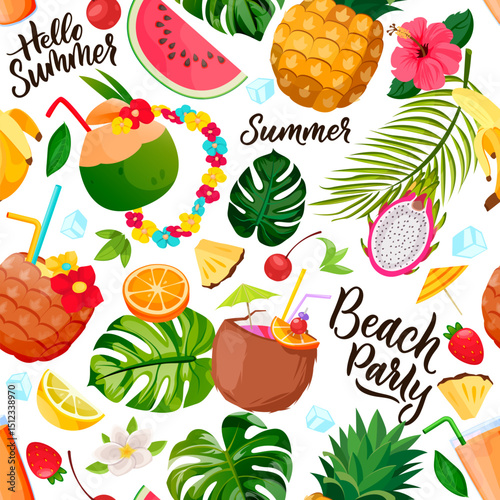 Summer tropical cocktails and palm leaves seamless pattern. Vector beach bar background. Fashion textile print design