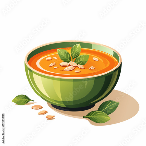 Creamy Orange Pumpkin Soup in a Green Bowl with Basil and Seeds