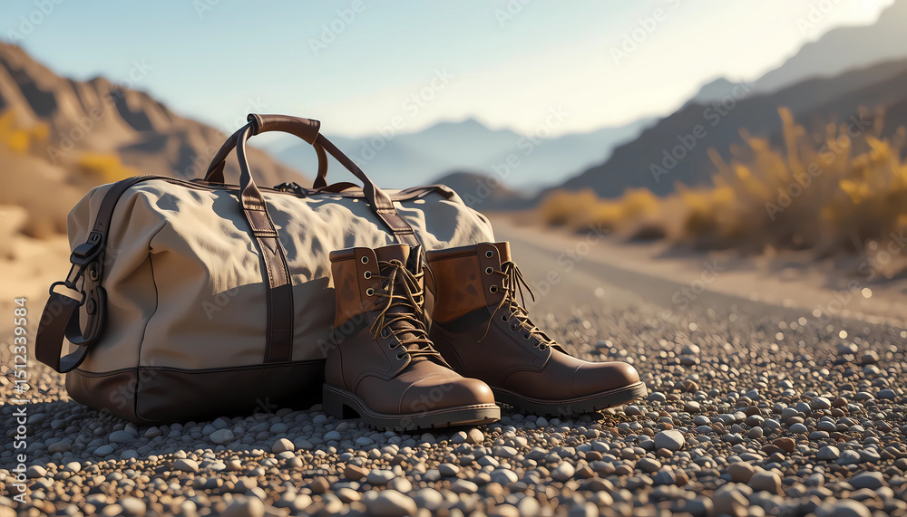 custom made wallpaper toronto digitalDuffle Bag and Boots Abandoned on Desert Highway Digital Illustration