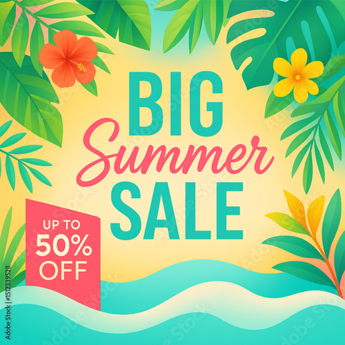 vibrant vector-style summer sale poster with tropical leaves and colorful flowers like hibiscus, frangipani, and palm fronds arranged around the border.