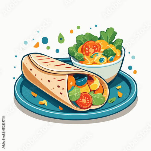 Delicious Burrito with Fresh Salad and Vegetables