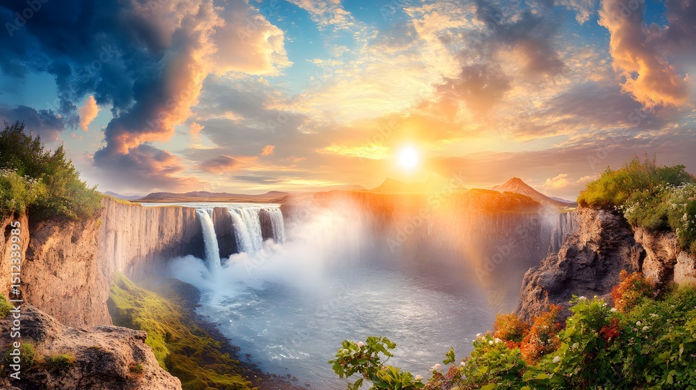 Fototapeta premium Majestic Waterfall Sunset Landscape Breathtaking Nature Scene