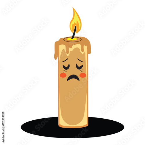 Sad cartoon candle with melting wax and burning flame on white background