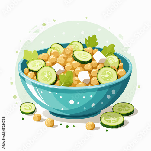 Fresh Chickpea and Cucumber Salad in Teal Bowl
