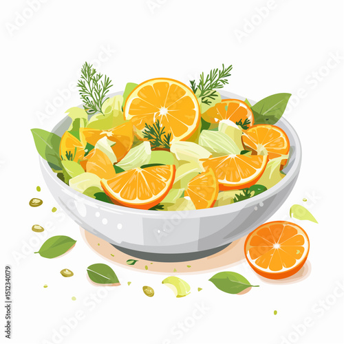 Fresh Citrus Salad in White Bowl with Dill and Seeds
