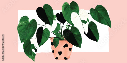 A meticulously crafted illustration of a lush Monstera Deliciosa plant, nestled in a patterned pot. Against a soft pink backdrop, the image bursts with freshness and vibrant life.