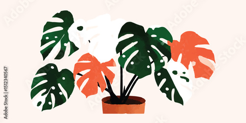 Vibrant illustration of a monstera deliciosa plant, with green, white, and orange leaves in a clay pot, evokes a sense of freshness and modern interior decor.