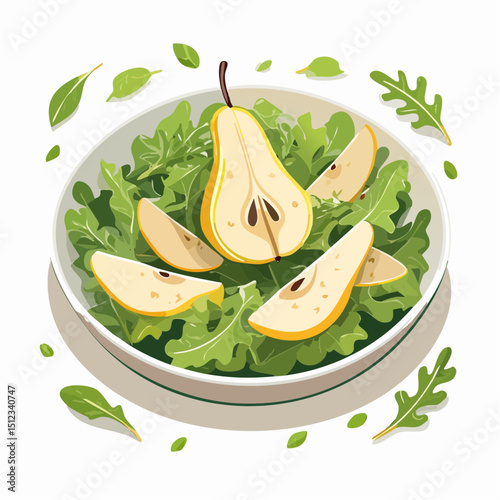 Fresh Pear and Arugula Salad in White Bowl