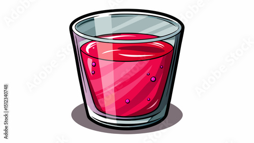 a clear glass, filled with a pinkish-red liquid on a  white background