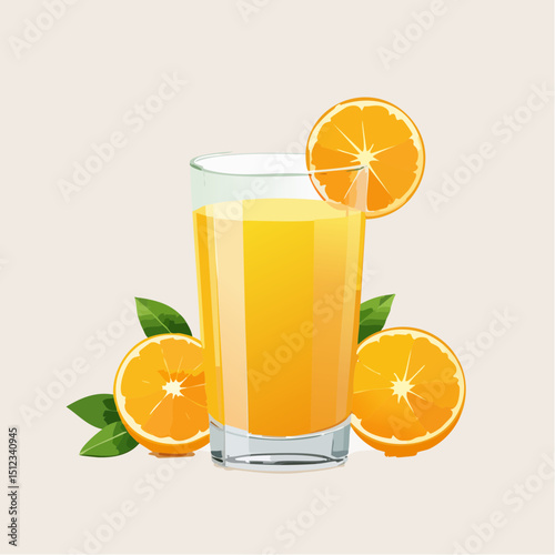 Glass of Orange Juice with Orange Slices and Leaves