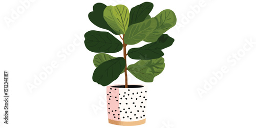 A stylized illustration of a potted fiddle leaf fig plant. the plant is depicted with lush, green leaves and a unique speckled pot.