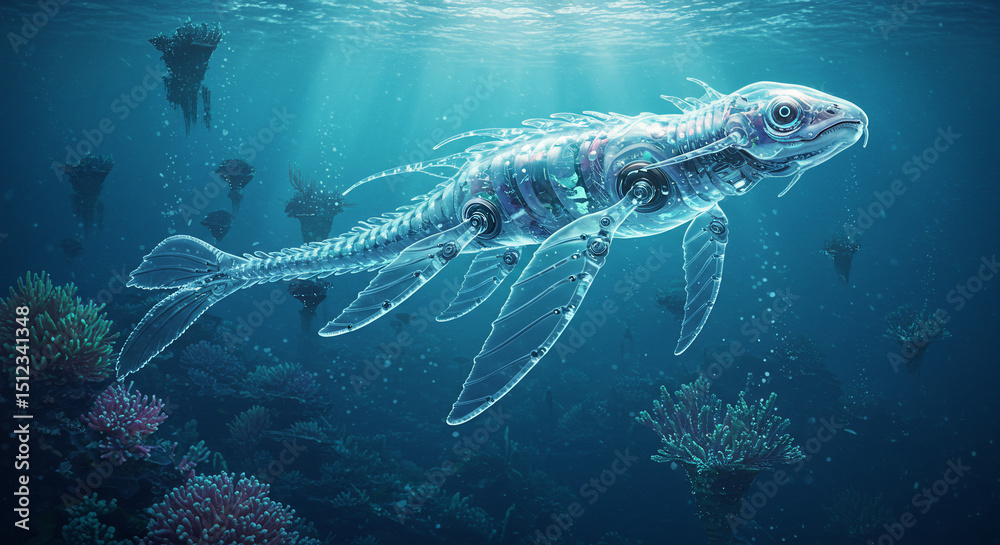 Fototapeta premium Tropical fish and diverse marine animals swim in an underwater ocean reef, captured both in their natural deep blue habitat and isolated within an aquarium