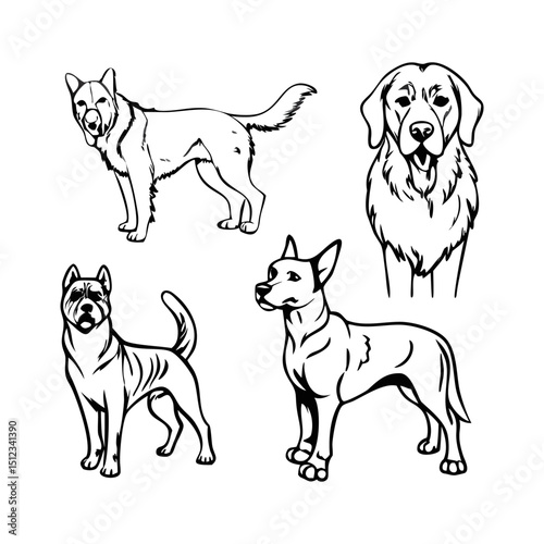 Assortment of Dog Breeds Line Art