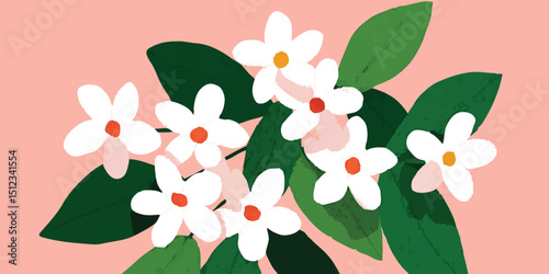 Nyctanthes arbor-tristis, Night-flowering jasmine. Night-flowering jasmine branch bearing delicate bloom and vibrant leaf, presented against a calming pink backdrop.