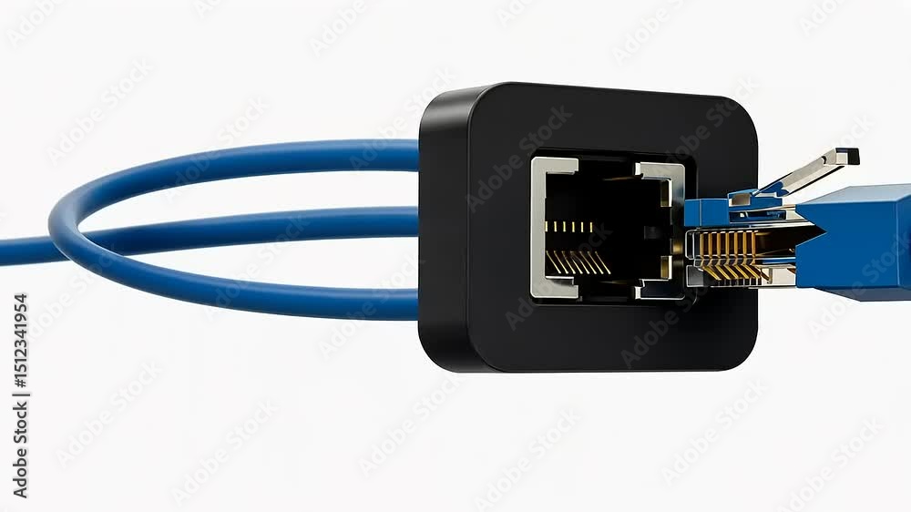 Close-up of Ethernet cable connector plugged into a black port with blue cables, showcasing technology