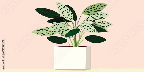 An illustration of a beautifully detailed potted houseplant. The plant displays striking green leaves adorned with intricate spots, nestled in a stylish, modern white pot.