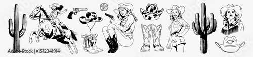 Wild West vector graphic of a cowgirls, cactus, cowboy hat and boots, sheriff's sign, horse. Western hand drawn illustration set. Black grunge doodle sketch for wall art, invitation, poster.