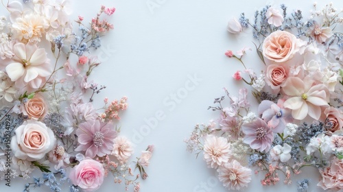 Pastel pink and blue flowers arranged symmetrically on white background, leaving space in the center.