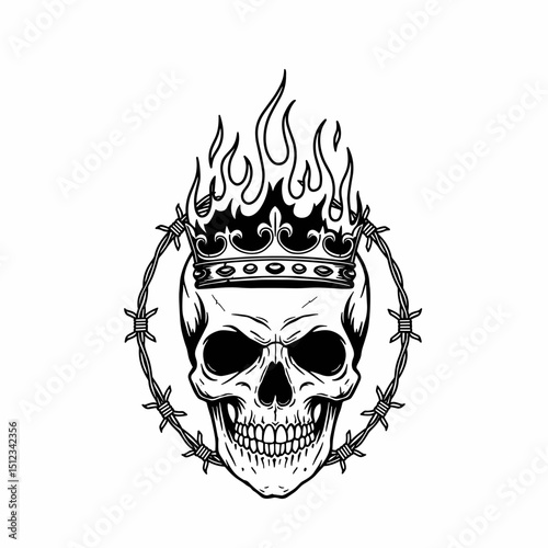 Black and White Skull with Flaming Crown and Barbed Wire – Vector Illustration