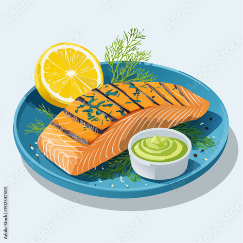 Grilled Salmon with Lemon and Dill on Blue Plate