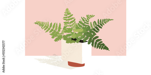 A lush, green fern flourishes in a minimalist, modern planter set against a soft, pastel backdrop, invoking a sense of tranquility and natural elegance.