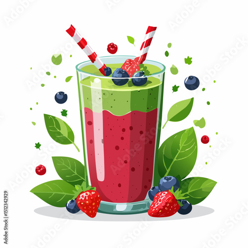 Layered Berry and Green Smoothie in Glass with Straws
