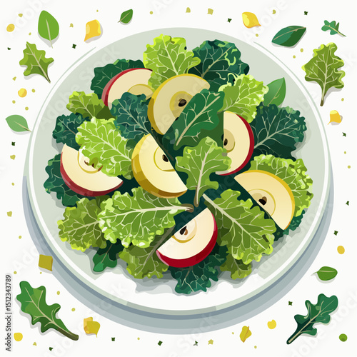 Overhead View of Fresh Kale and Apple Salad on White Plate