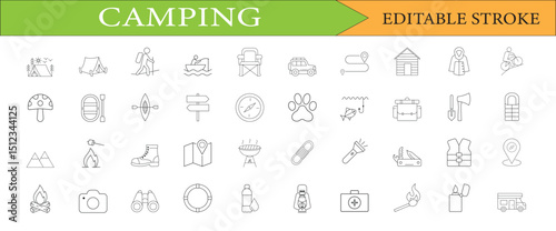 Camping and Outdoor Adventure Line Icons: Editable Stroke Set