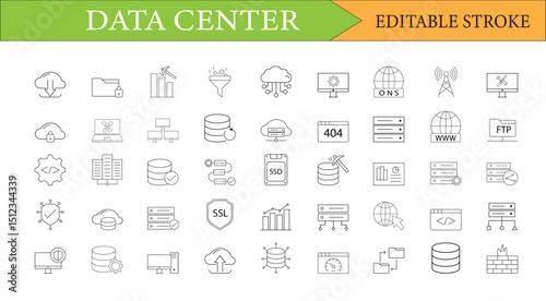 Data Center Icon Set: Editable Stroke Line Icons for Web and Mobile