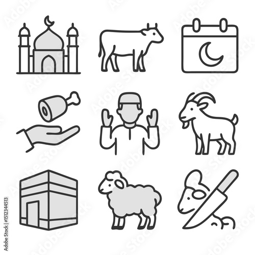 Eid Adha Muslim holiday icons representing traditions and symbols. Perfect for social media, graphic design, educational materials, and cultural awareness campaigns.