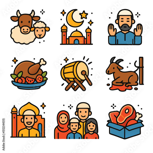 Eid Adha Muslim holiday icons representing traditions and symbols. Perfect for social media, graphic design, educational materials, and cultural awareness campaigns.