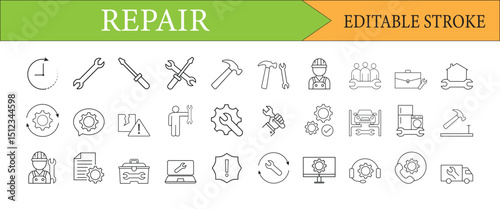Repair Service Icons: A Comprehensive Set of Editable Stroke Vector Graphics