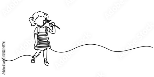 Child smelling flower in continuous line art drawing style. Small girl squatted down to sniff the fragrant flower. Black linear sketch isolated on white background. Vector illustration.               