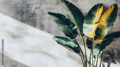 Tropical Green Leaves on Textured Wall Background