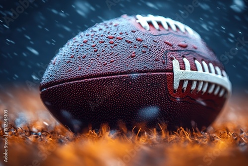 Football resting on wet grass during rainy weather in an outdoor sports field at night