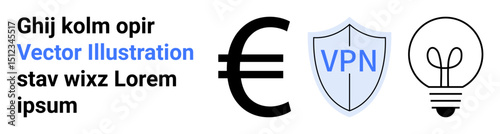 Euro symbol, shield labeled VPN, and light bulb for finance, online security, and creative innovation. Ideal for fintech, cybersecurity, business ideas, tech startups education simple landing page