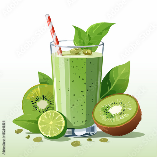 Refreshing Green Kiwi Smoothie with Lime in Glass
