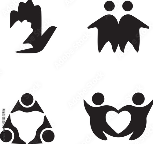 Unity and Support Symbols: A collection of minimalist graphic symbols represents unity, solidarity, and mutual support, conveyed through various design elements.
