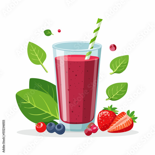 Refreshing Red Berry Smoothie with Spinach in Glass