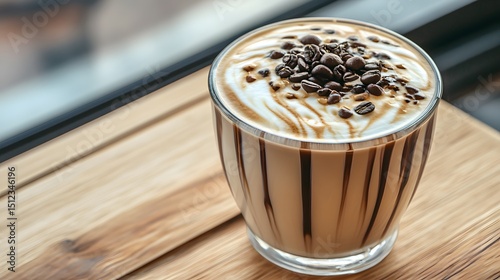 Delicious Coffee Drink with Chocolate Drizzle and Coffee Beans